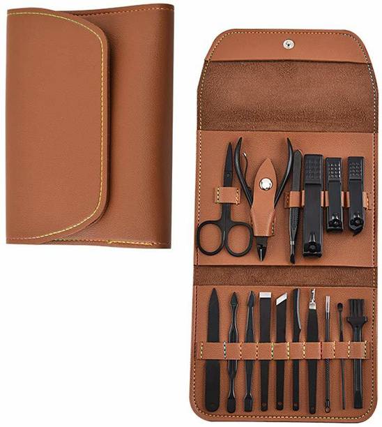 SKINPLUS 16 in 1 Travel Grooming Kit Nail Care Tools with Luxurious Leather Travel Case for Man and Women