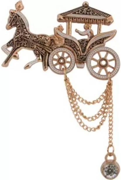 EXOTICA Fashions Horse Cart Metal Sherwani Blazer Suit Brooch with Hanging Crystal Chain Lapel pin for Men &amp; Boys (Gold) Brooch