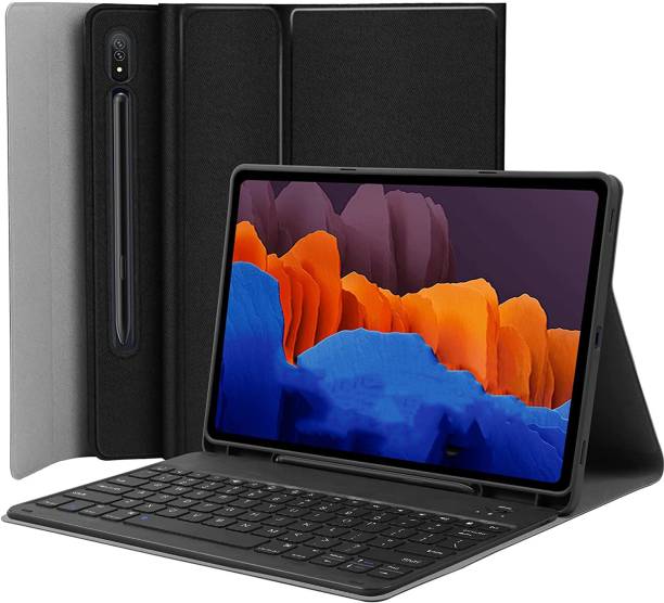 microware Samsung Galaxy Tab S7 FE 12.4 inch 2021 Keyboard Leather Case, Slim Wireless Bluetooth Removable Keyboard Shell Smart Cover for SM-T730/T733/T736/T738 Bluetooth Tablet Keyboard