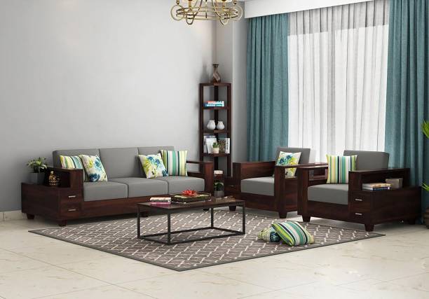 saamenia furnitures Premium Quality Sheesham Solid Wood Five Seater Sofa Fabric 3 + 1 + 1 Walnut Finish Sofa Set