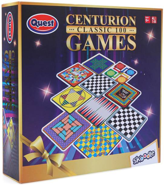 SKOODLE Quest Centurion 5 Double sided 100 Classic Family Board Games Collection 3D Box For Adults & Kids Fun With Family & Friends, Chess, Ludo, Checkers, Backgammon & More - Age 3+Years Board Game Accessories