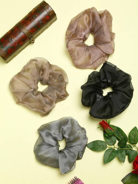 YELLOW CHIMES Set of 4 pcs Metallic Colour Organza Pony Holders Rubber Bands, Hair Acessories for Women Rubber Band