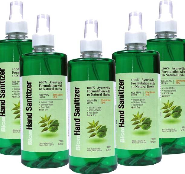 BLOM Ayurvedic hand sanitizer with 70 % ethyl Alcohol to kill 99.99 % harmful germs with Neem & Tulsi fragrance(500x5 ml)  Bottle Sanitizer Spray Bottle