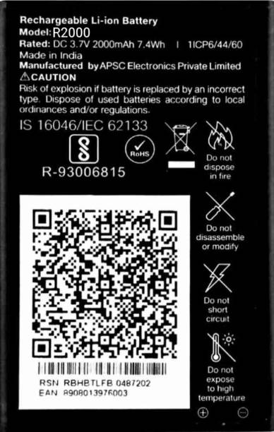 VEHUB Mobile Battery For  Jio Phone Jio Phone || J K Battery || R2000|| 2000mAh