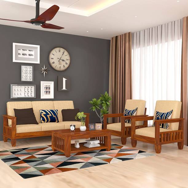 LOONART Solid Sheesham Wood Five Seater Sofa Set For Living Room/ Office/ Waiting Room | Fabric 3 + 1 + 1 Sofa Set