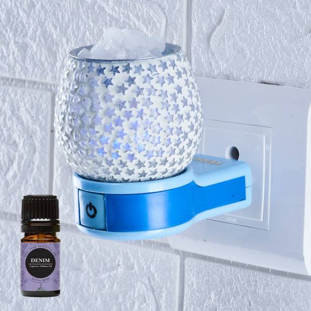 FStyler Denim Aroma Oil Diffuser Set Electric Glossy Multipurpose Ceramic Aroma Oil Diffuser/Kapoor Dani/ Camphor Burner with Switch (in-Built On/Off Button for Heating) Hand-Crafted Incense Burner for Home, Office, Temple, Positive Energy and Ambiance Vedic110 with Denim Aroma Oil 10ml
