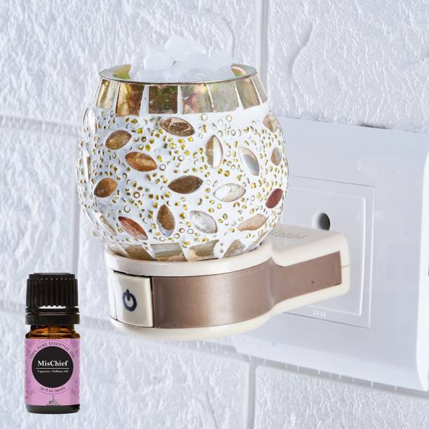 CraftQua Mischief Aroma Oil Diffuser Set Electric Glossy Multipurpose Ceramic Aroma Oil Diffuser/Kapoor Dani/ Camphor Burner with Switch (in-Built On/Off Button for Heating) Hand-Crafted Incense Burner for Home, Office, Temple, Positive Energy and Ambiance Vedic108 with Mischief Aroma Oil 10ml