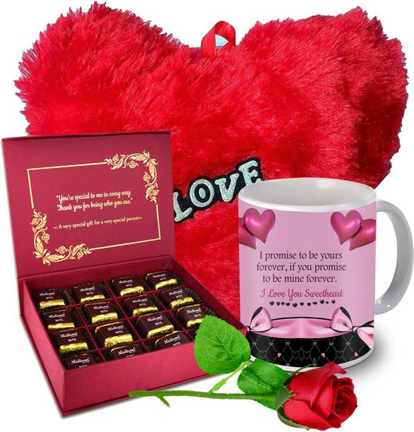 Midiron Romantic Gift| Soft Red Heart with Ceramic Coffee Mug, Chocolate Gift Box and Artificial Red Rose For Valentine's Day, Birthday, Anniversary and all Occasion,Chocolates gift Pack for boyfriend, Girlfriend, Husband, Wife and Special Person IZ21GB17RoseBigRHMU-DTLove-182 Ceramic, Paper, Fiber Gift Box
