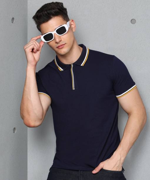 Solid Men Polo Neck Cotton Blend Dark Blue T-Shirt Price in India