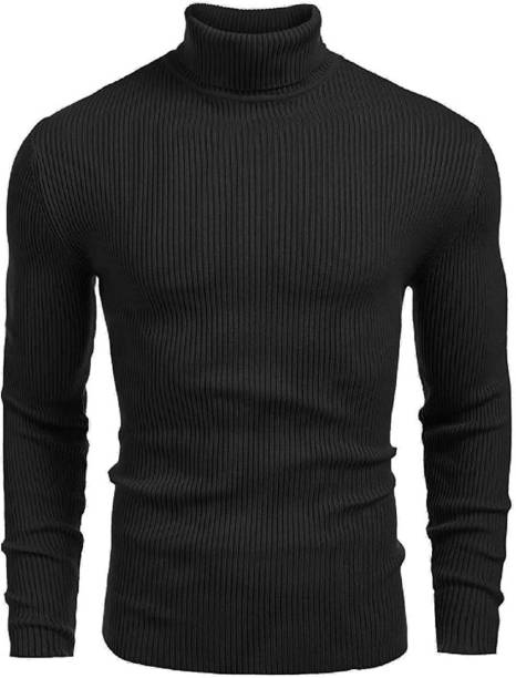 Men Self Design High Neck Cotton Blend Black T-Shirt Price in India