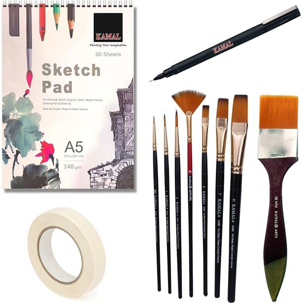 KAMAL Brush Set Combo with (A5) Sketch Pad,Tape and Fine Liner Pen for (A5)