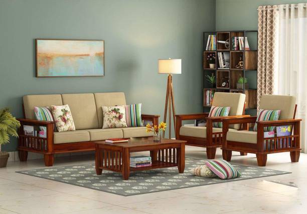 VARSHA FURNITURE Wooden 5 Seater Sofa Set with Cream Cushions | Sheesham Fabric 3 + 1 + 1 Natural Brown Sofa Set