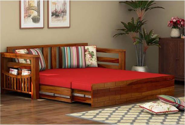 Krishna Wood Decor Sheesham Wood Italian with Side Pocket for Living Room 3 Seater Double Solid Wood Pull Out Sofa Cum Bed