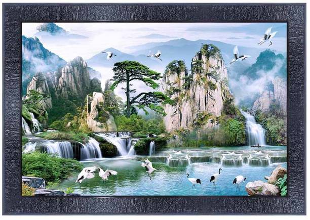 पीएनएफ Poster And Frame Vastu Waterfall Landscape Scenery | Best Gifting Option डिजिटल रीप्रिंट 10 inch x 14 inch पेंटिंग