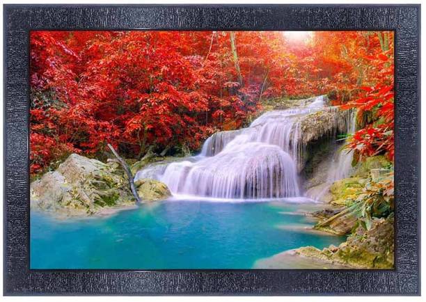 pnf Vastu Waterfall Landscape scenery Wood Frames with Acrylic Sheet (Glass)11134 Digital Reprint 14 inch x 10 inch Painting