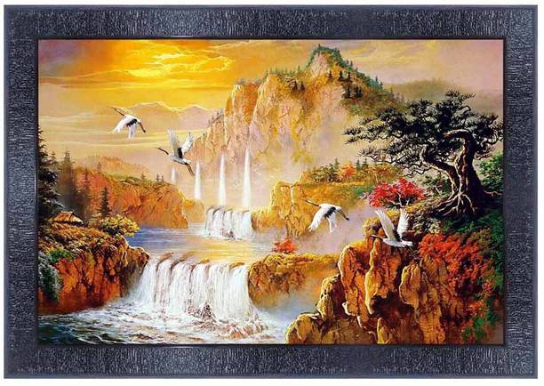 pnf Vastu Waterfall Landscape scenery Wood Frames with Acrylic Sheet (Glass)8614 Digital Reprint 14 inch x 10 inch Painting