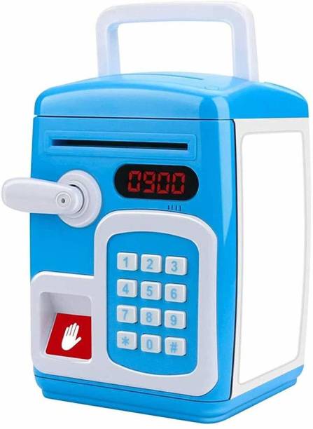 Toyporium Musical Money Safe Kids Piggy Savings Bank with Finger Print Sensor (Blue & White) Coin Bank