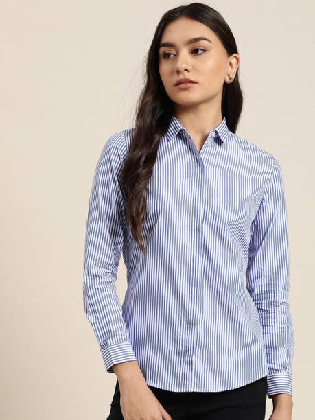 Hancock Women Striped Formal White, Blue Shirt