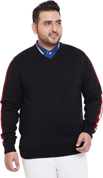 Men Solid, Striped V Neck Black Sweater