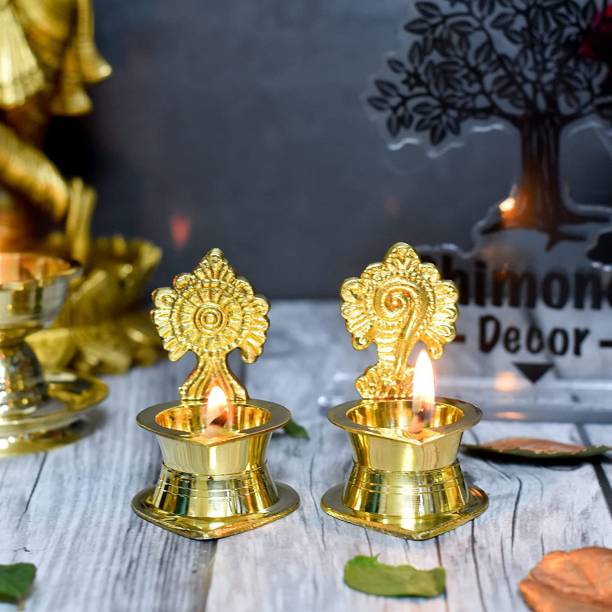 Bhimonee Decor Pure Brass Shanku Chakra Kamakshi Diya, 3 inches, Brass Colour, Pack of 1 Pair Brass Table Diya Set