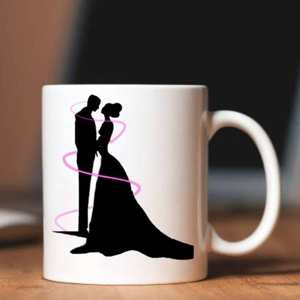 ZORI Valentine Special Cute Couple In Black Shadow Printed Glossy Finished ,330ml Ceramic Coffee Mug