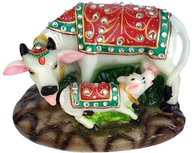 Fashion Bizz Handcrafted Marble Kamdhenu Cow Statue with Calf for Home Decor Decorative Showpiece - 10 cm