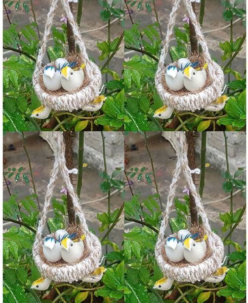DogTrust 4 pcs Artificial Jute Hanging Birds with Hanging Nest Bird House