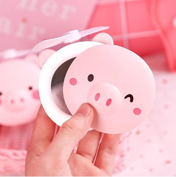 uniqueexpo 3 in 1 Cartoon LED Makeup Mirror Light with Mini Fan Handheld Portable