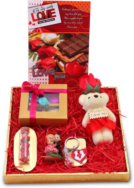 MANTOUSS Chocolate Box+Teddy with Rose+ Couple Statue+Message Bottle+Key Chain+Card Paper, Plastic, Glass Gift Box