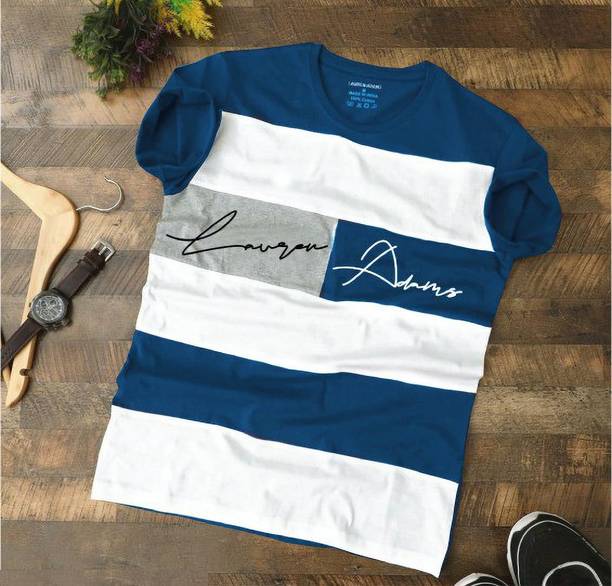 Lauren Adams Men Colorblock Round Neck Pure Cotton White, Navy Bl