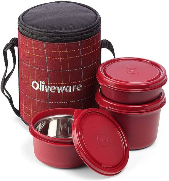 Oliveware Infinite Lunch Box | 3 Stainless Steel Containers | Microwave Safe | Leak Proof 3 Containers Lunch Box
