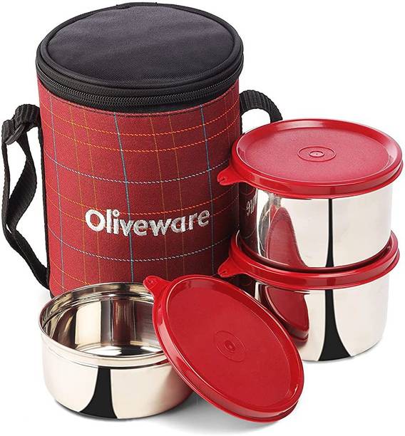 Oliveware Lunch Box | Stainless Steel | Insulated Fabric Bag | Leak Proof 3 Containers Lunch Box