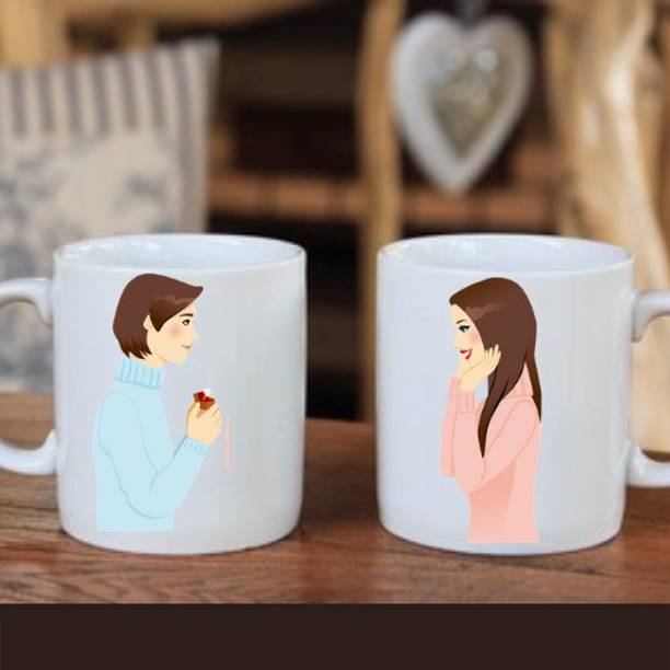 ZORI Valentine Special Cute Proposing Couple Printed Glossy Finished,2 Piece,330ml Ceramic Coffee Mug