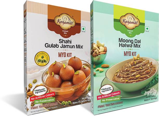 Karamat Dessert Combo, No Artificial Colour & Preservatives, MYO, Gulab Jamun Mix (200g, Upto 35* Jamuns)+ Moong Dal Halwa Mix (400g, Upto 4* Serve), Grand Sweets, Sweets Indian Mithai (Pack of 2) 600 g