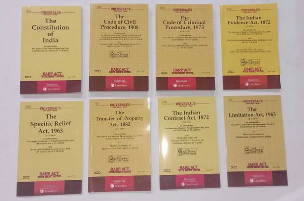 Combo Sale Of 8 Latest Bare Acts For Law Students/Judiciary Aspirants CPC, CrPC, Constitution, Transfer Of Property, Specific Relief Act, Indian Contract Act, Limitation Act, Indian Evidence Act (Latest Edition 2022)