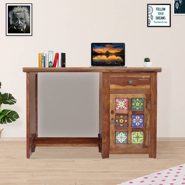 Tamannaartpalace Solid Wood Ceramica Computer Table with Storage in Natural Honey Oak Finish Solid Wood Computer Desk