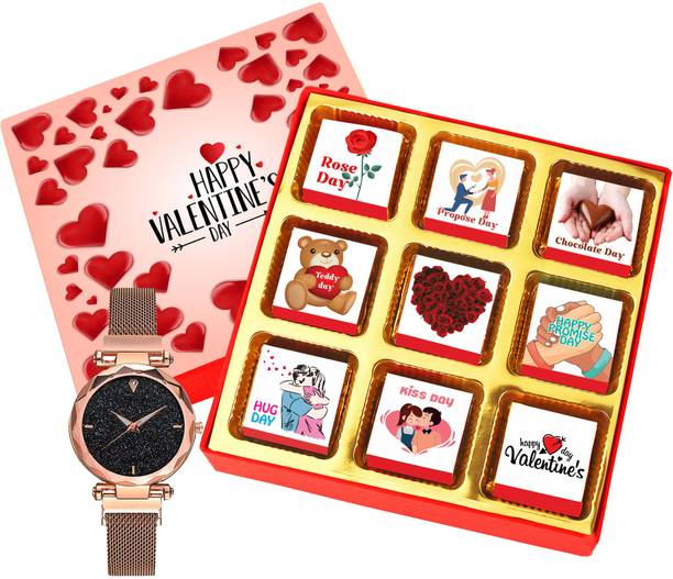 Chocoloony Valentine Day Chocolate Gift Box with Rose Gold Watch for Girlfriend -518WS Combo