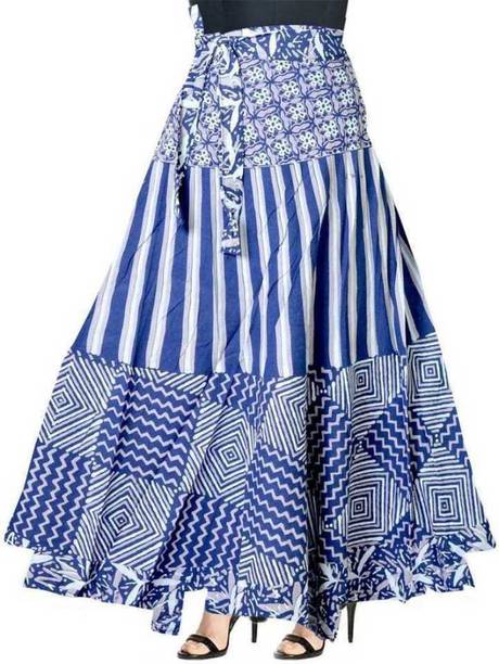 Women Printed Wrap Around Light Blue, White Skirt