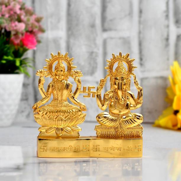 Craft Junction Handcrafted Gold Polish Lakshmi Ganesha For Car Dashboard and Home Decoration Decorative Showpiece  -  10 cm