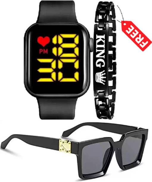 BLACK KING BRACELET + STYLISH BADSHSH SUNGLASS + DIGITAL SQUARE SILICON STRAP Digital Watch  - For Boys WATCH-01 BRACELET-01 SUNGLASS-01 EXCLUSIVE COMBO SET