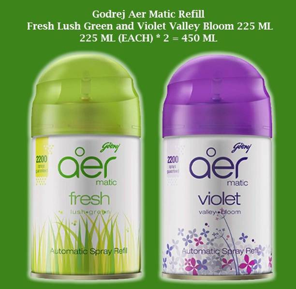 Godrej LUSH GREEN, LAVANDER Refill AER MATIC FRESH LUSH GREEN AND VIOLET VALLEY BLOOM REFILL 225 ML ( 225 ML EACH * 2 = 450 ML)