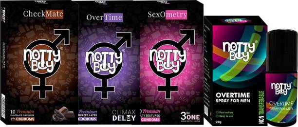 NottyBoy Over Time Spray 20g and Ribbed, Dots, Contour, Climax Delay, Chocolate Flavoured Condom
