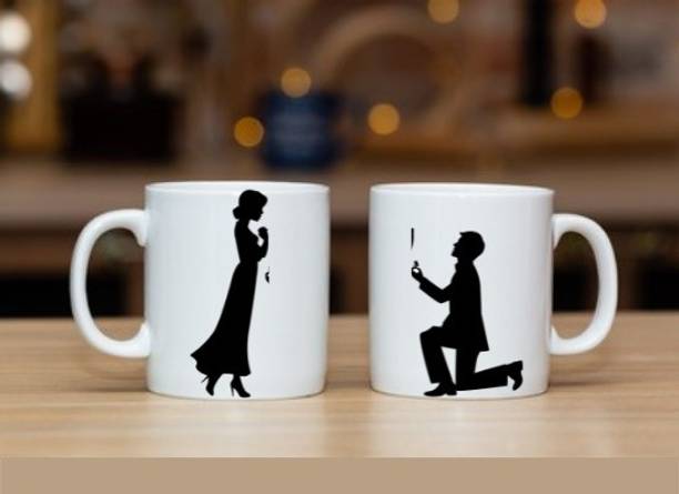 ZORI Valentine Special Cute Proposing Couple Black Printed Glossy Finished, ,330ml Ceramic Coffee Mug