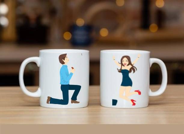 ZORI Valentine Special Proposing Couple Printed Glossy Finished,2 Piece,330ml Ceramic Coffee Mug