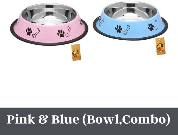 Foodie Puppies Stainless Steel Combo Offer Paw Bone Printed Sky Blue And Baby Pink Food Water Feeding Bowl for Dogs & Puppies (Medium, 700ml Each) Round Steel Pet Bowl