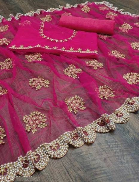 NEW BS Handwork Self Design, Embroidered, Embellished Bollywood Net Saree