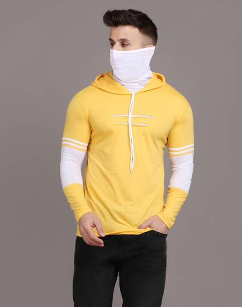 Men Solid Hooded Neck Pure Cotton Yellow T-Shirt