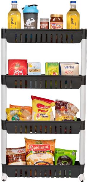 Trendy 4 Shelves Multipurpose Kitchen Storage Rack with Wheels. Plastic Kitchen Cabinet