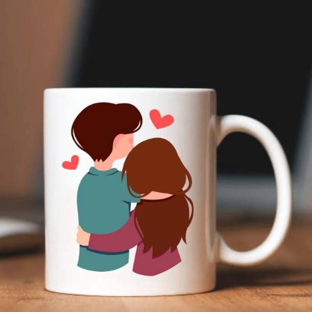 ZORI Valentine Special Cute Loving & Huging Couple Printed Glossy Finished, 330ml. Ceramic Coffee Mug