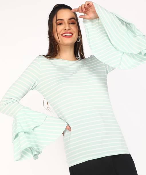 Urbanic Casual Full Sleeve Striped Women Green, White Top